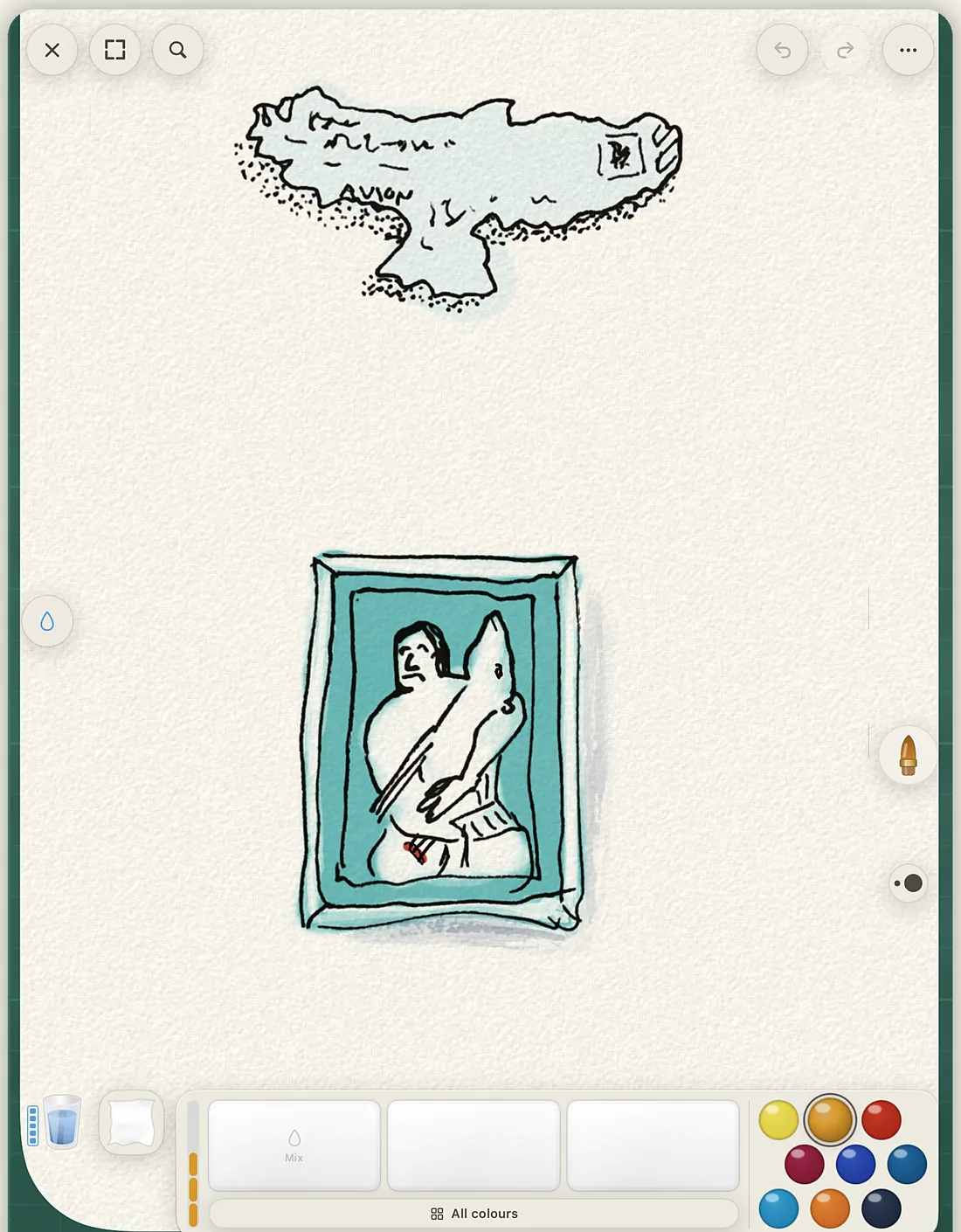 Line Lift on iPad with two small ink drawings and a pale blue wash