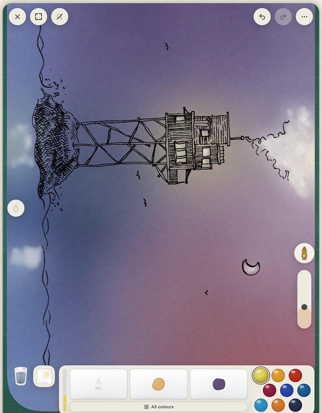 A pen drawing of a lighthouse, lifted from paper and painted under with a violet and rose wash in Line Lift on iPad