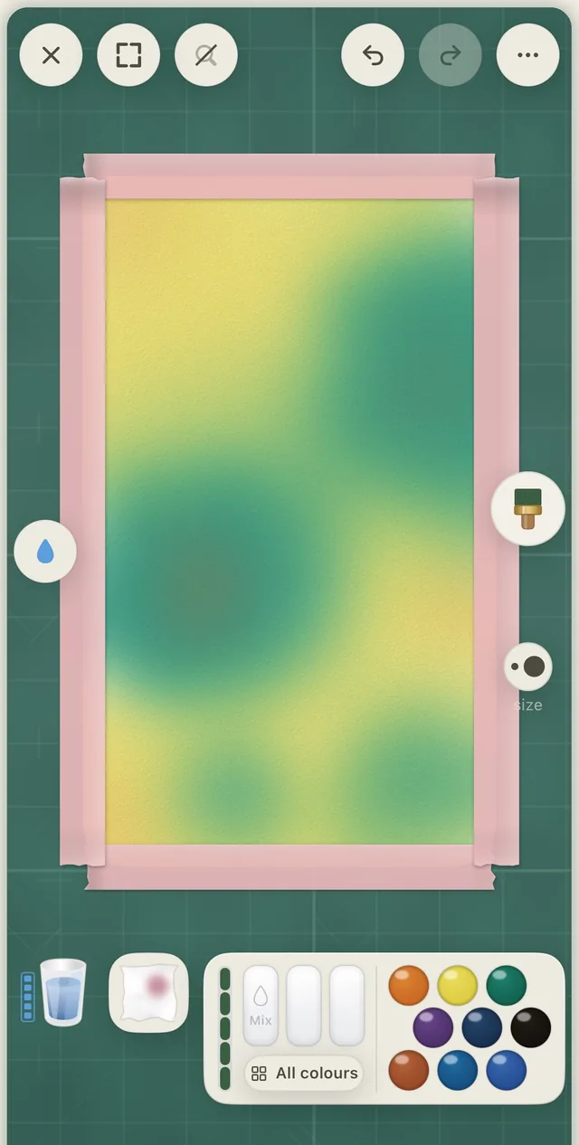 A yellow and green wash laid with the hake, taped to the board