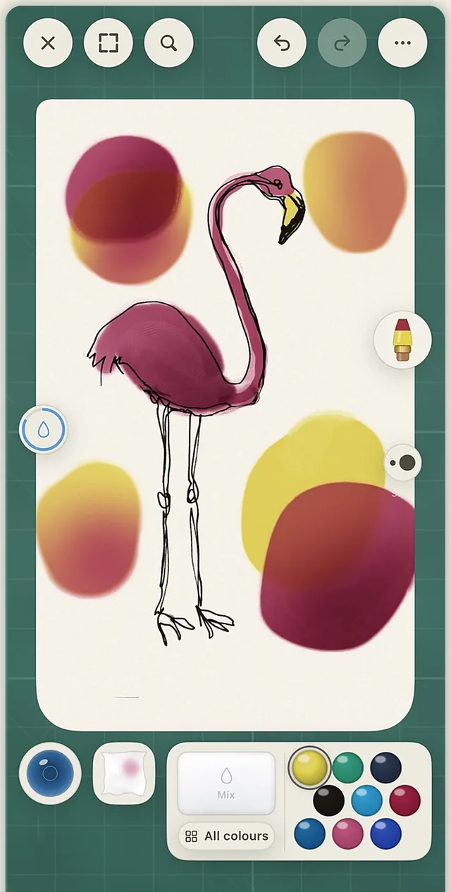A pink flamingo ink drawing over loose watercolor blots